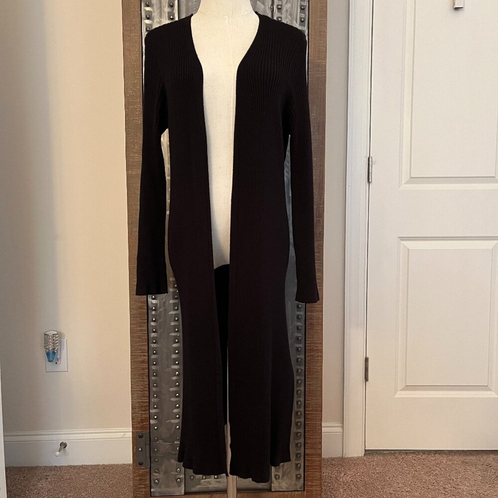 Roz & Ali Black Ribbed Open Front Cardigan - Size L